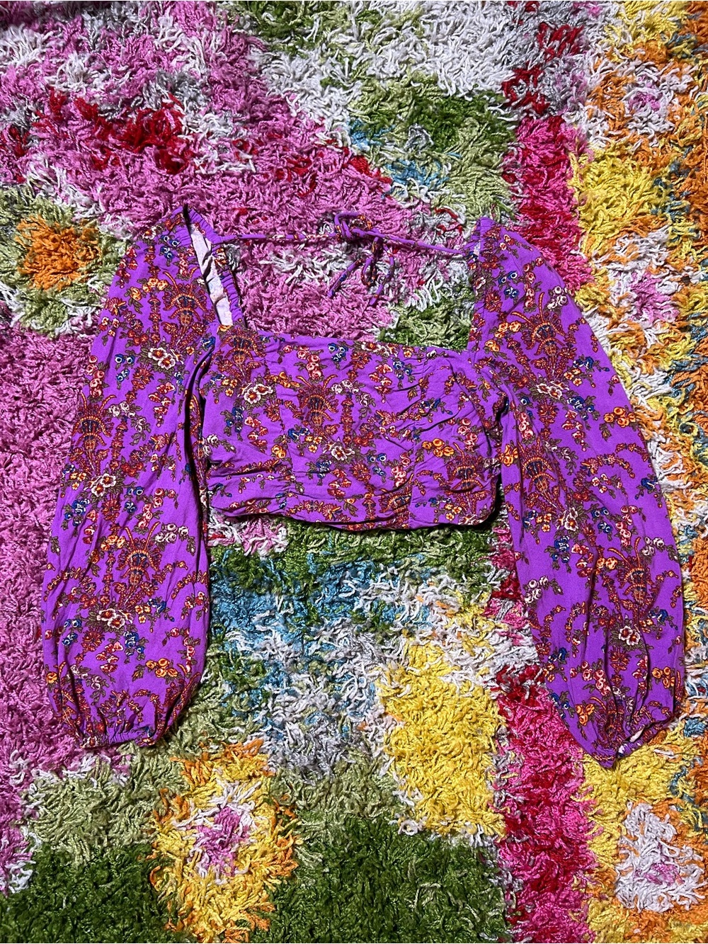 Urban Outfitters Purple Floral Puff-Sleeve Crop Top